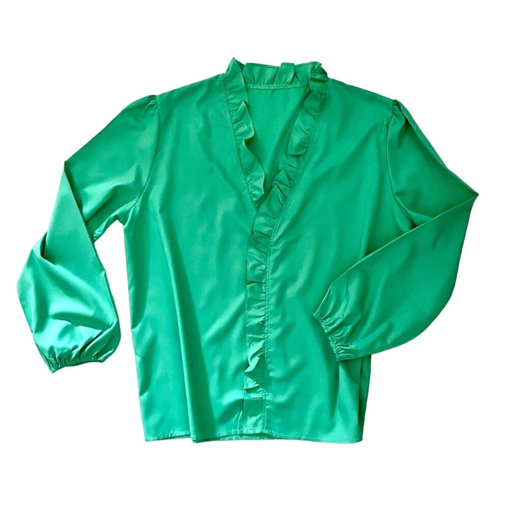 Ruffled Cotton Blend V-Neck 3/4 Length Sleeve Green Blouse sz 2XL